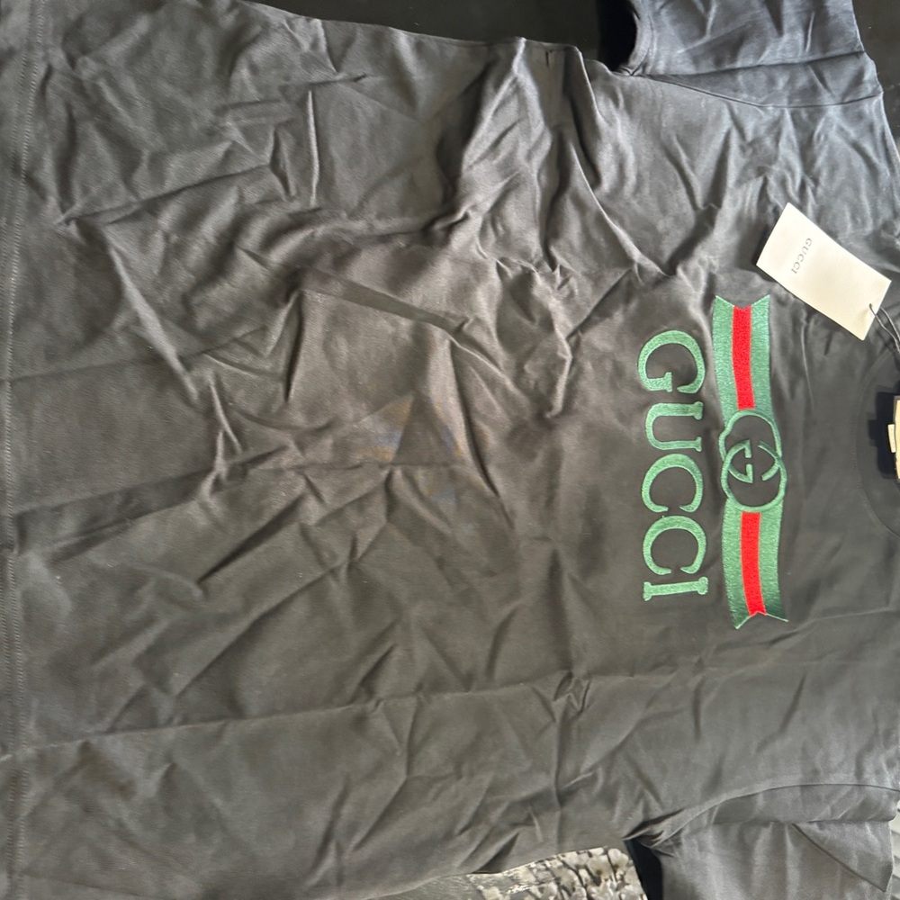 Gucci Black Tee with Green and Red Web Stripe Logo